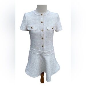 Zara Textured Cream Tweed Drop Waist Short-Sleeve Mini Dress with Gold Buttons